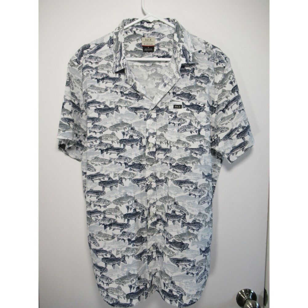 RVCA Horton Fish Woven Short Sleeve Button Down Shirt Size Large